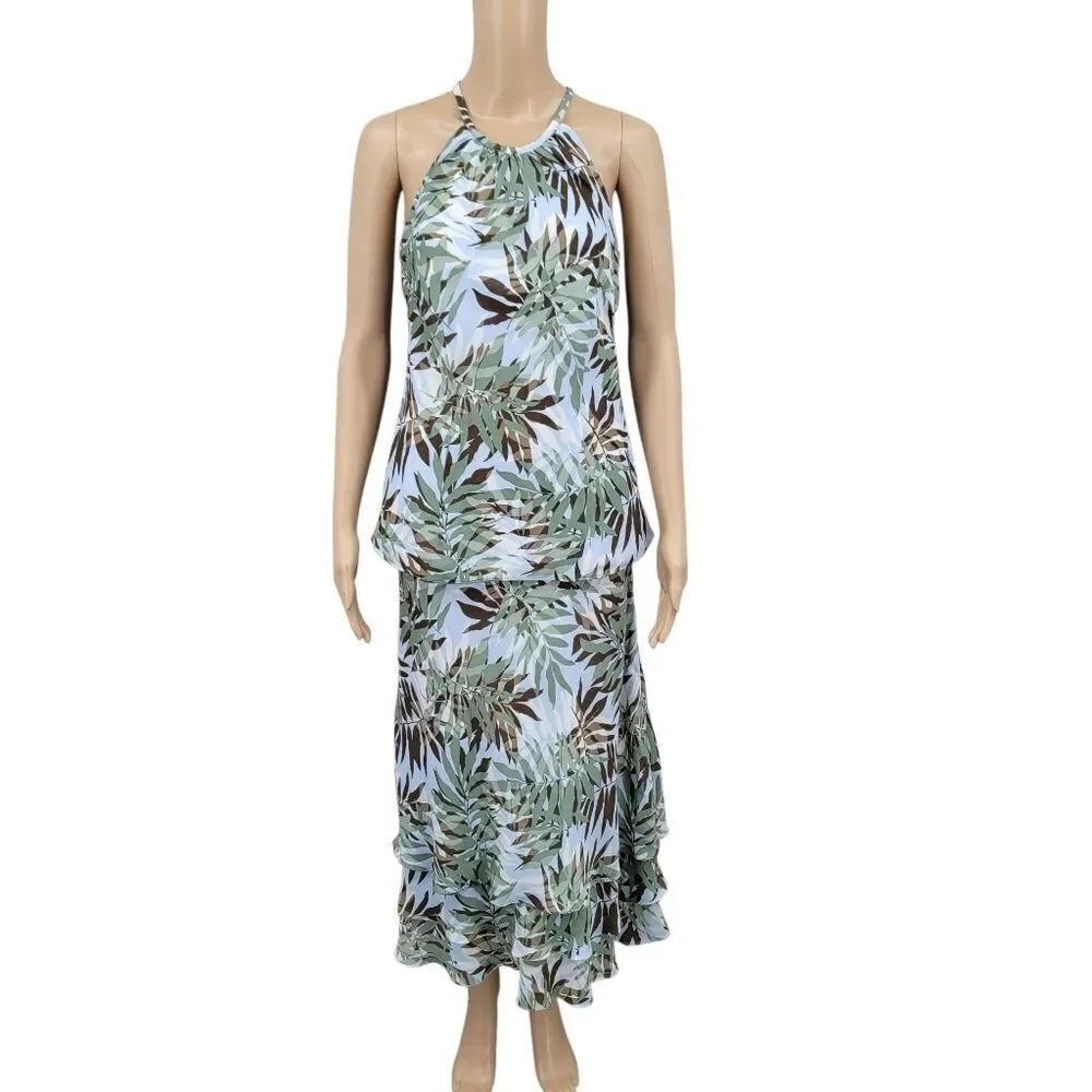 Tyler Boe Silk Blue with Green and Brown Leaf Teired Midi Skirt and Top Set